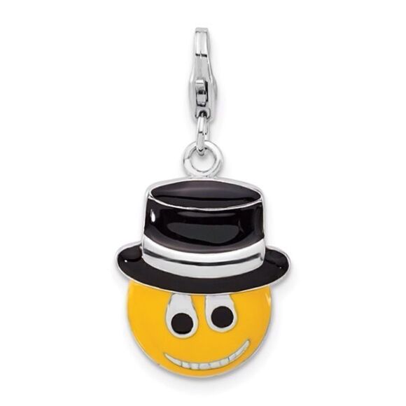 Sterling Silver Enameled Smiley Face with Top Hat with Lobster Clasp Charm - Picture 1 of 4